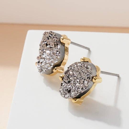 Druzy Sparkly Stone Crystals Stud Earrings: Rose Gold