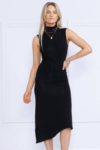 Solid High Neck Sleeveless Dress in Black