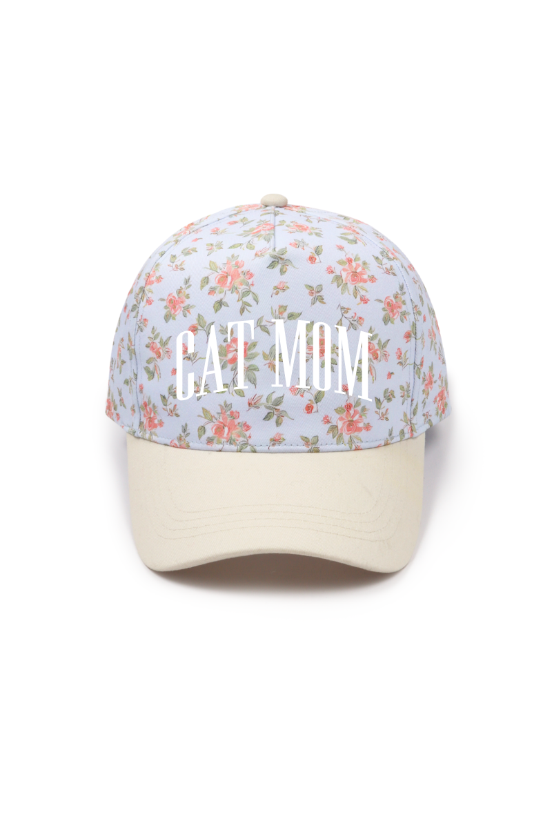 CAT MOM Embroidery Floral Print 5 Panel Trucker Hat: PinkPink