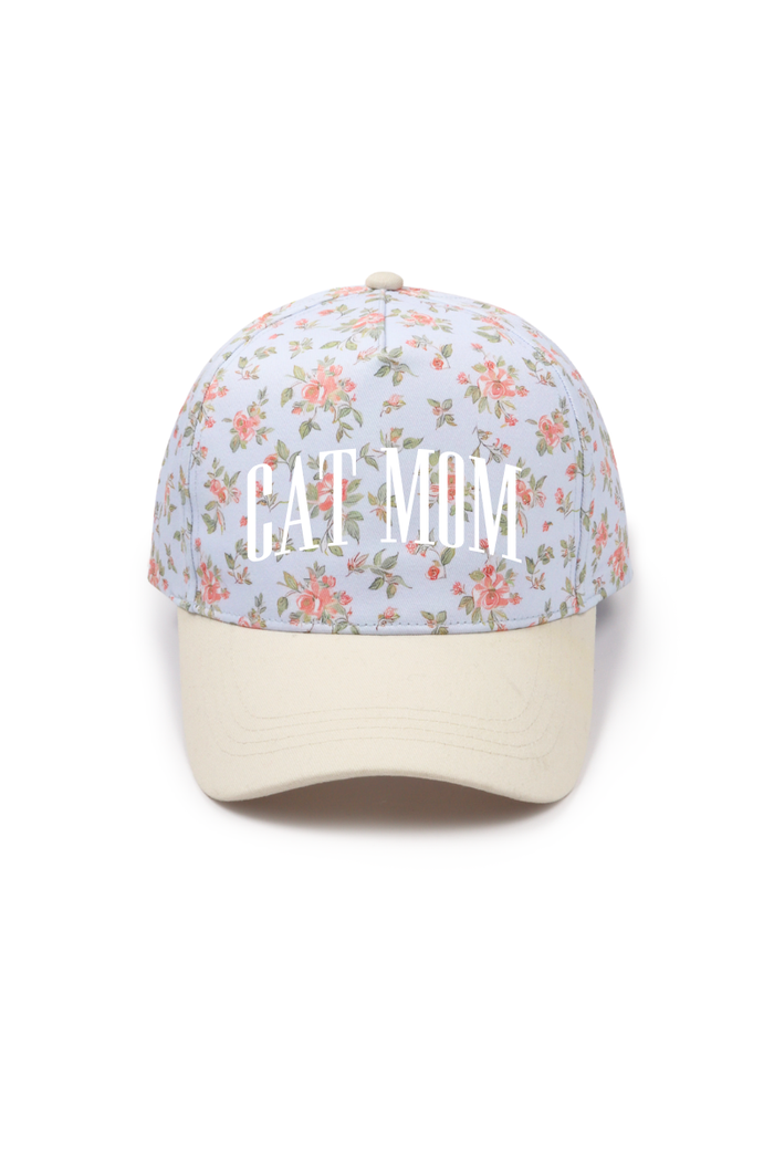CAT MOM Embroidery Floral Print 5 Panel Trucker Hat: PinkPink
