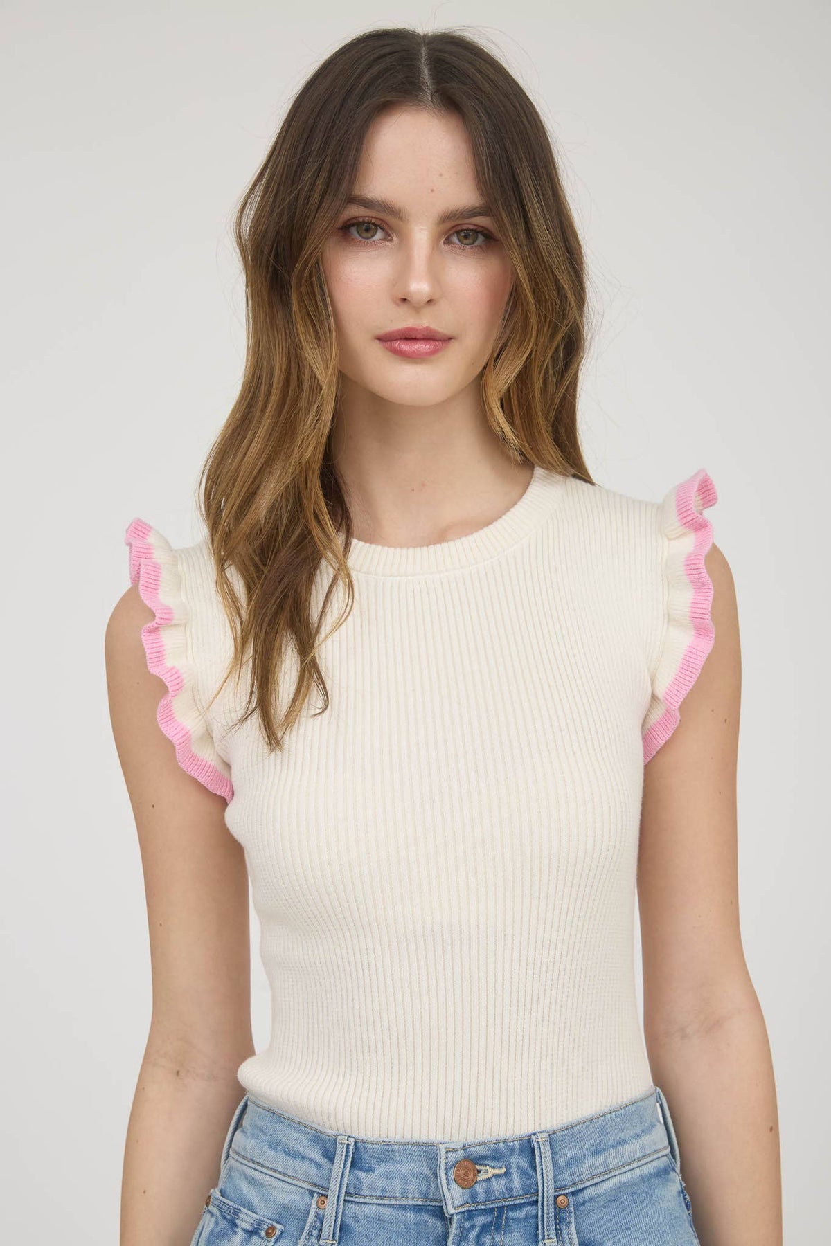 Ruffle Sleeve Sweater Knit Top in Cream with Pink Ruffle