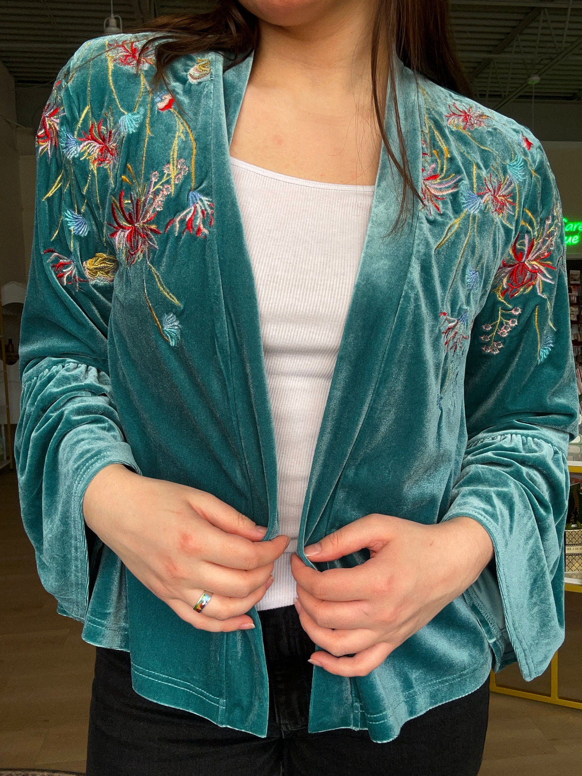 Embroidery Velvet Kimono in Emerald