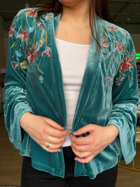 Embroidery Velvet Kimono in Emerald
