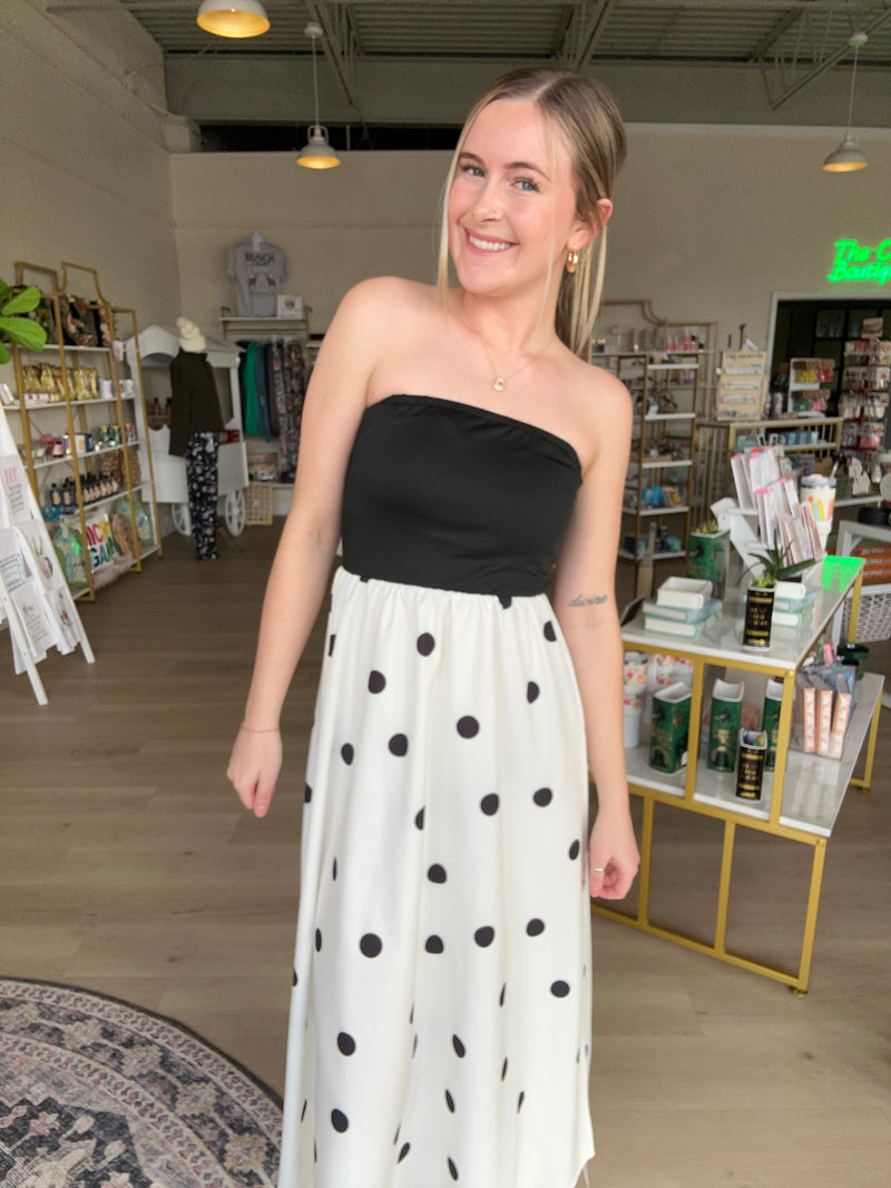 Polka Dot Strapless Dress in Black and White
