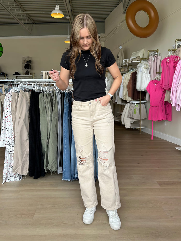 High Waist Ripped Khaki Pants