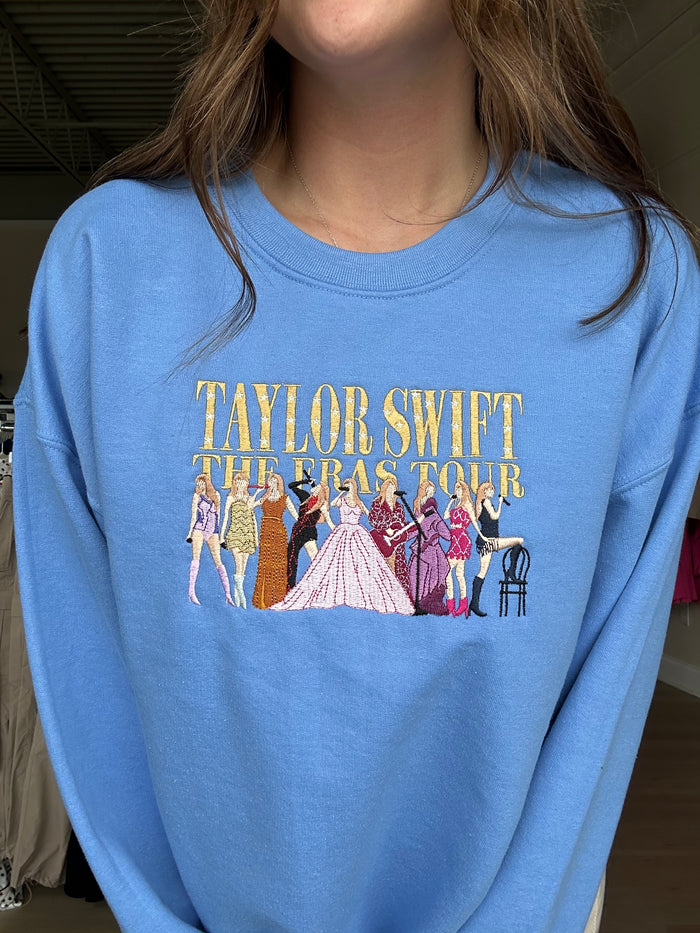Taylor Swift Eras Tour Embroidered Crewneck in Carolina Blue