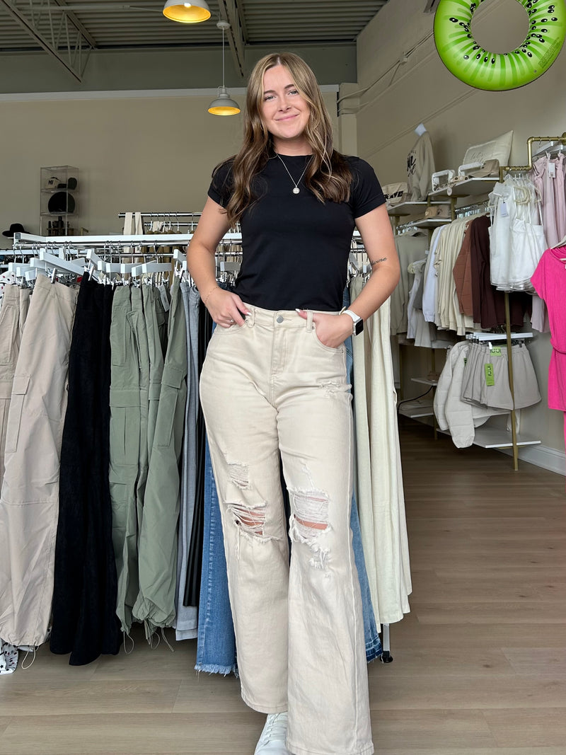 High Waist Ripped Khaki Pants