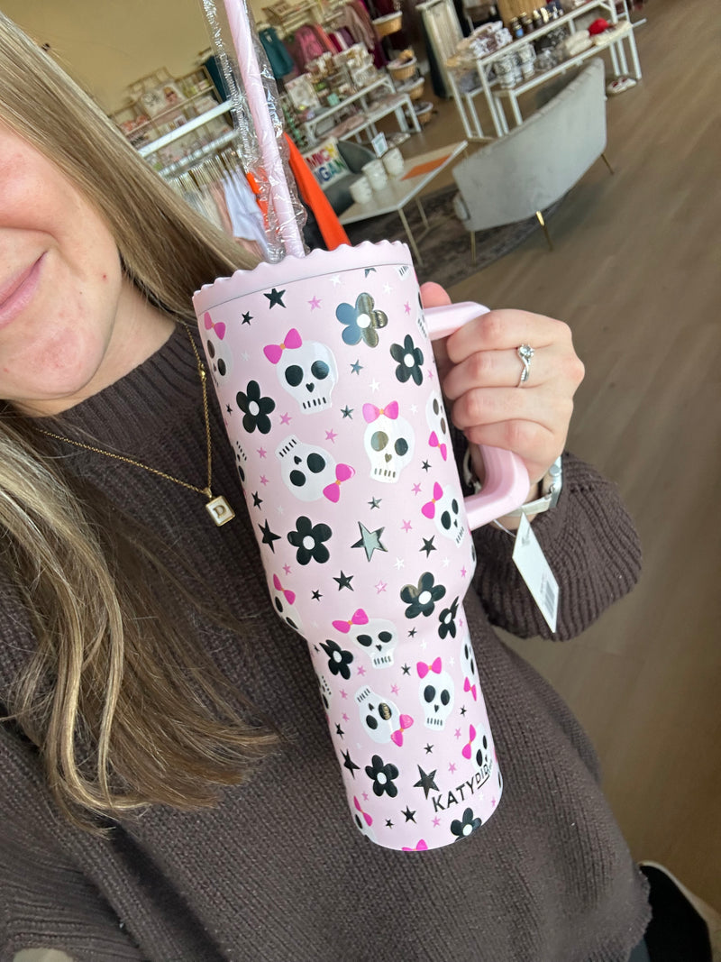 Skull Flower Bow Tumbler Cup in Light Pink