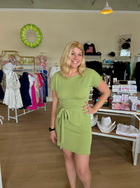 Boat Neck Short Dress With Waist Tie Belt in Sage