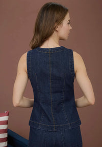 Round Neck Button Down Sleeveless Denim Vest
