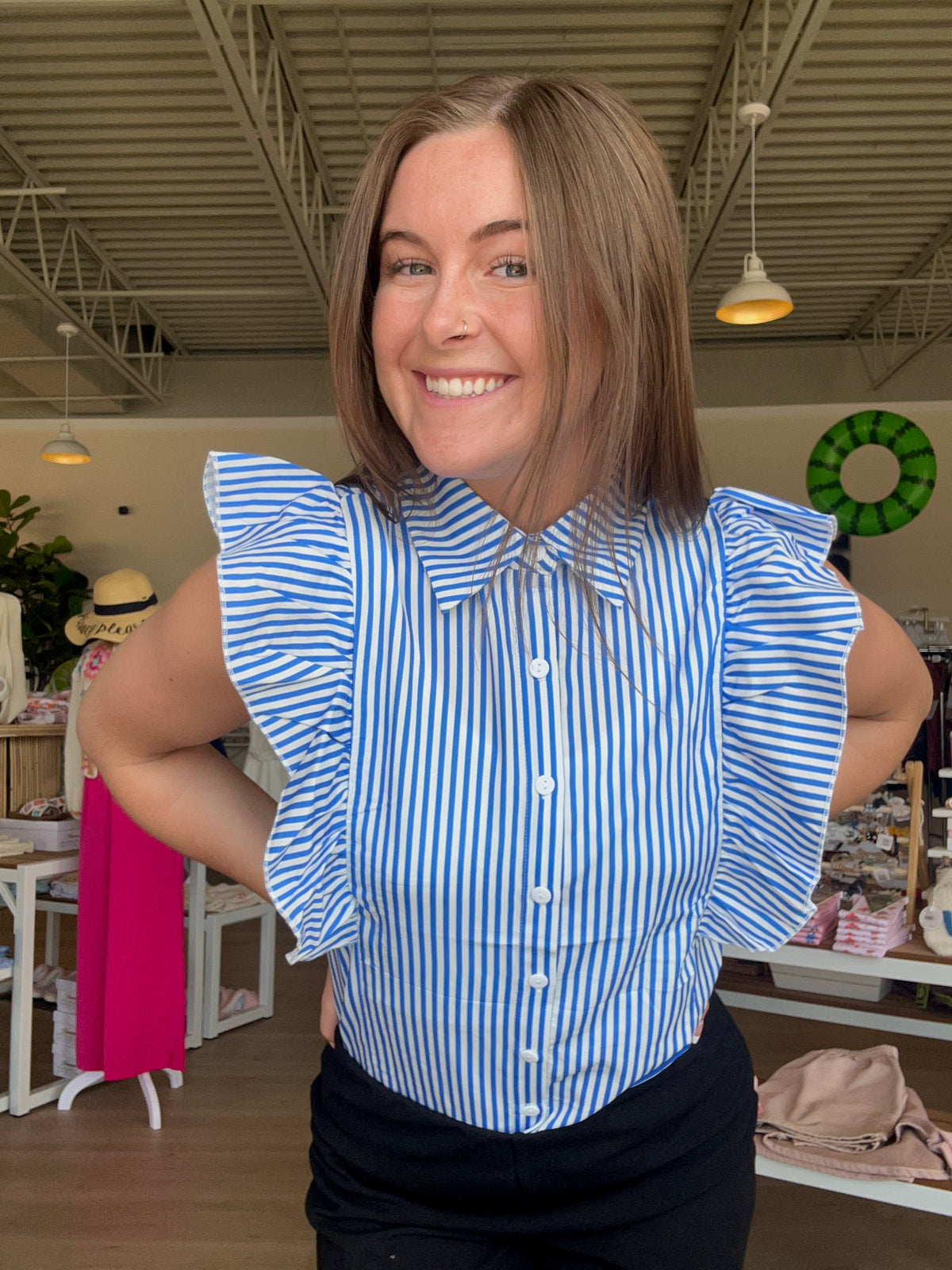Classic Striped Short Sleeve Top in Blue with Ruffle