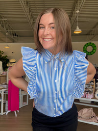 Classic Striped Short Sleeve Top in Blue with Ruffle