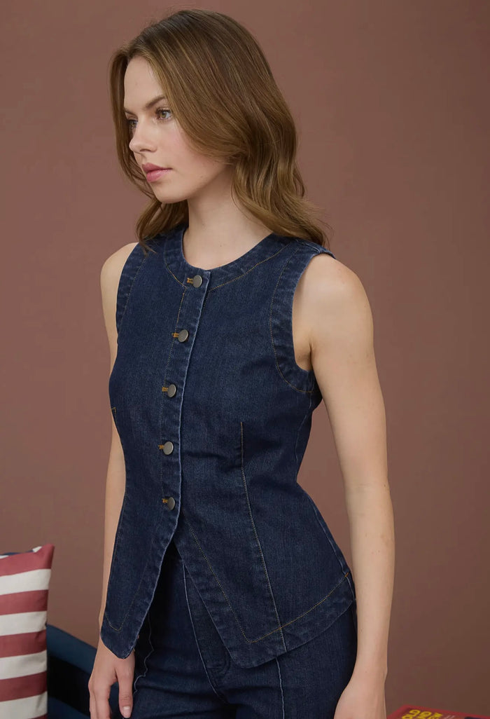 Round Neck Button Down Sleeveless Denim Vest