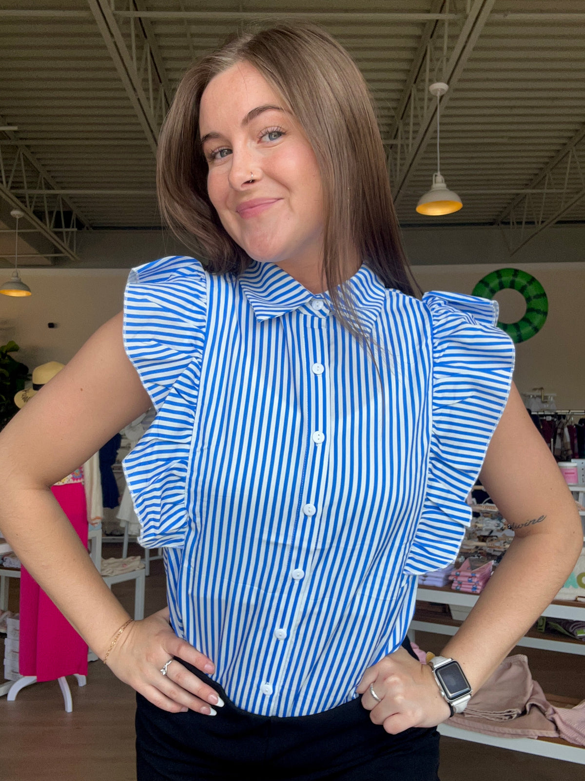 Classic Striped Short Sleeve Top in Blue with Ruffle