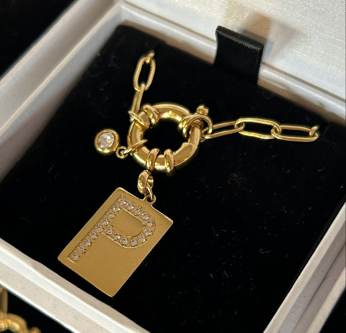 P Initial Necklace with Paperclip Chain: 18k Gold Plated