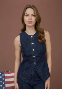 Round Neck Button Down Sleeveless Denim Vest