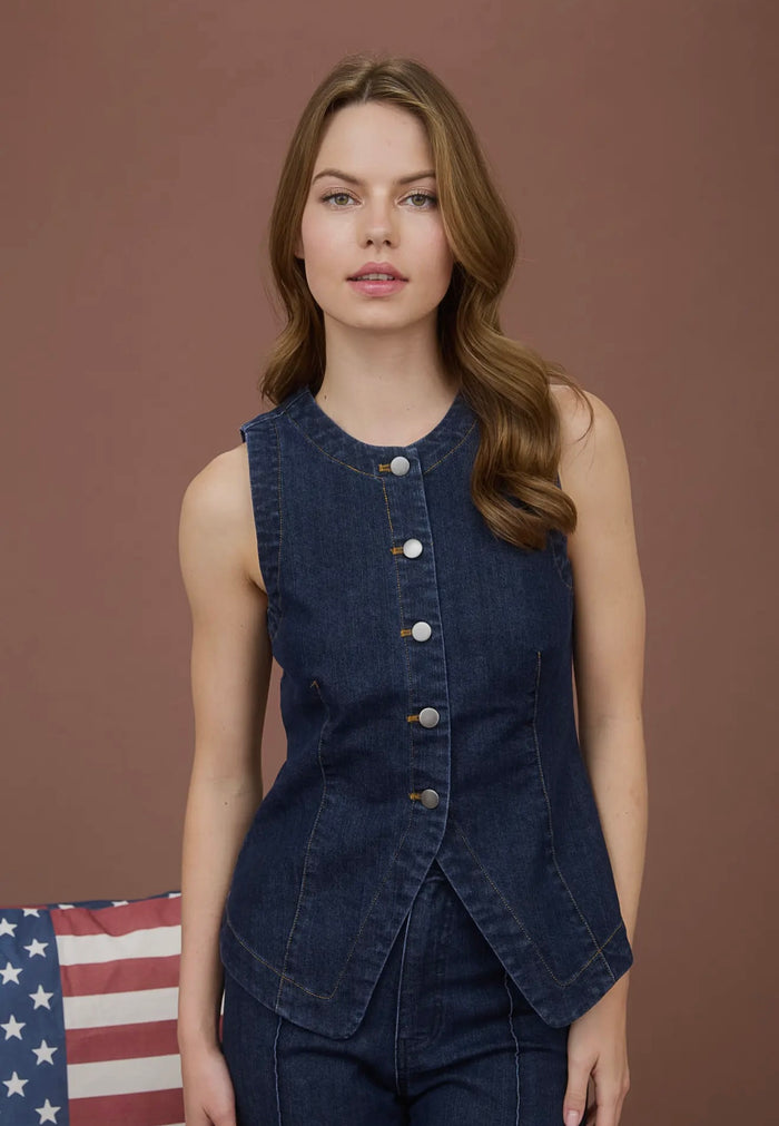 Round Neck Button Down Sleeveless Denim Vest