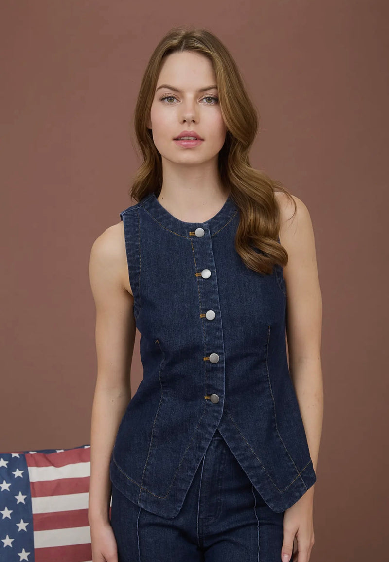 Round Neck Button Down Sleeveless Denim Vest