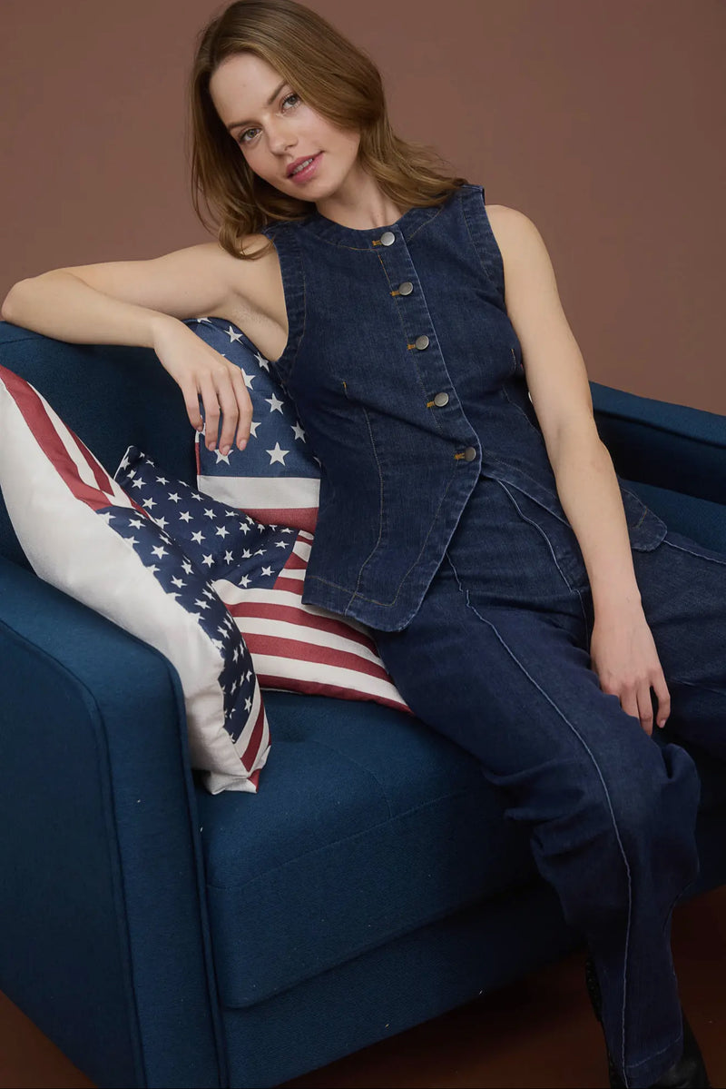 Round Neck Button Down Sleeveless Denim Vest