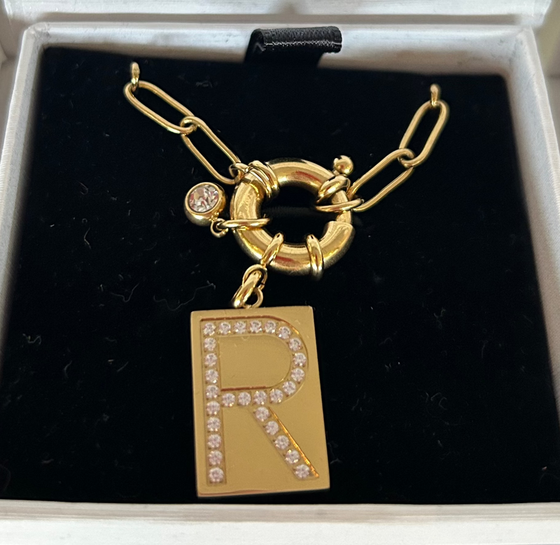R Initial Necklace with Paperclip Chain: 18k Gold Plated