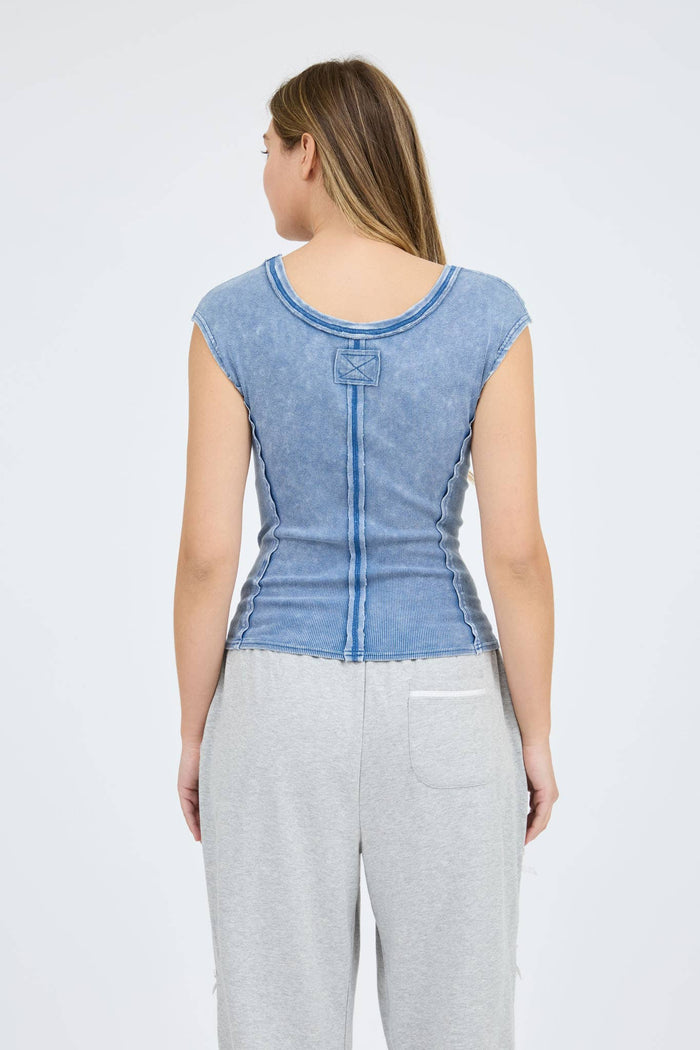 Scoop Neck Short Sleeve Knit Top in Blue
