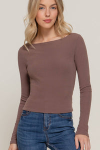 Long Sleeve Boat Neck Top in Brown