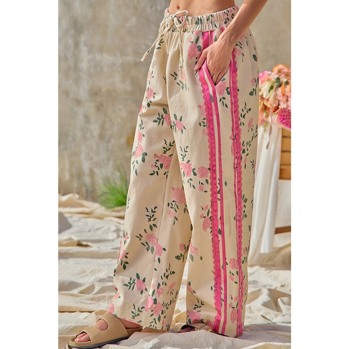 FLOWER PRINTED TWILL SIDE TRIM ELASTIC WAIST PANTS