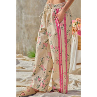 FLOWER PRINTED TWILL SIDE TRIM ELASTIC WAIST PANTS