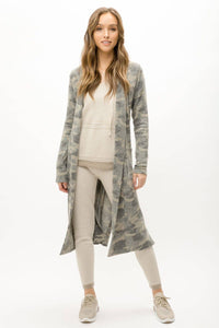 Tie-Waist Long Cardigan in Grey Camo
