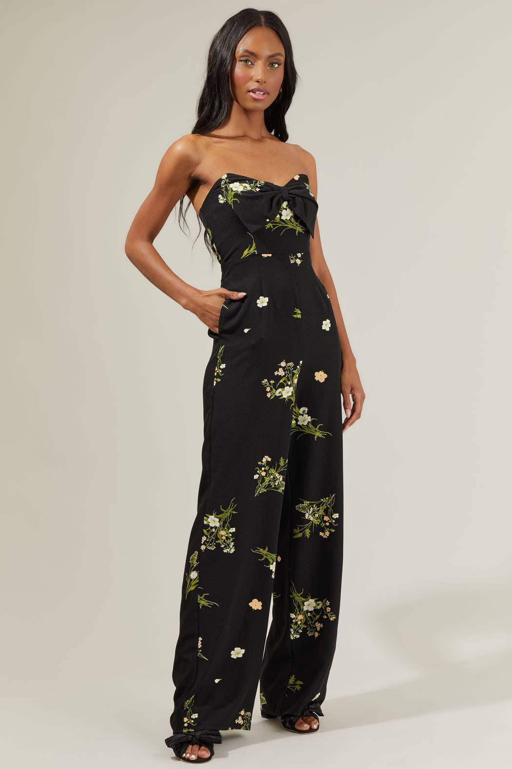 Jenna Floral Wide Leg Jumpsuit: BlackGreen