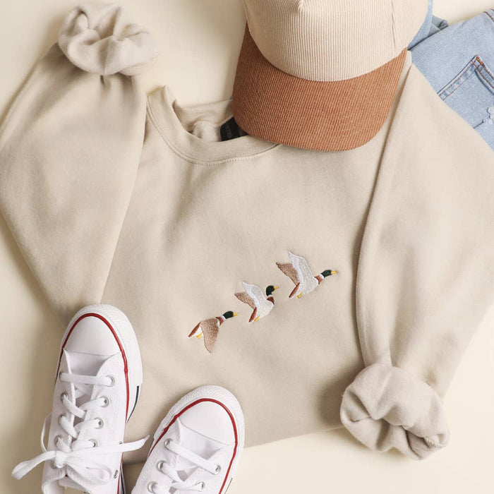 Flying Mallard Embroidered Heavyweight Fleece Sweatshirt: SAND / XL