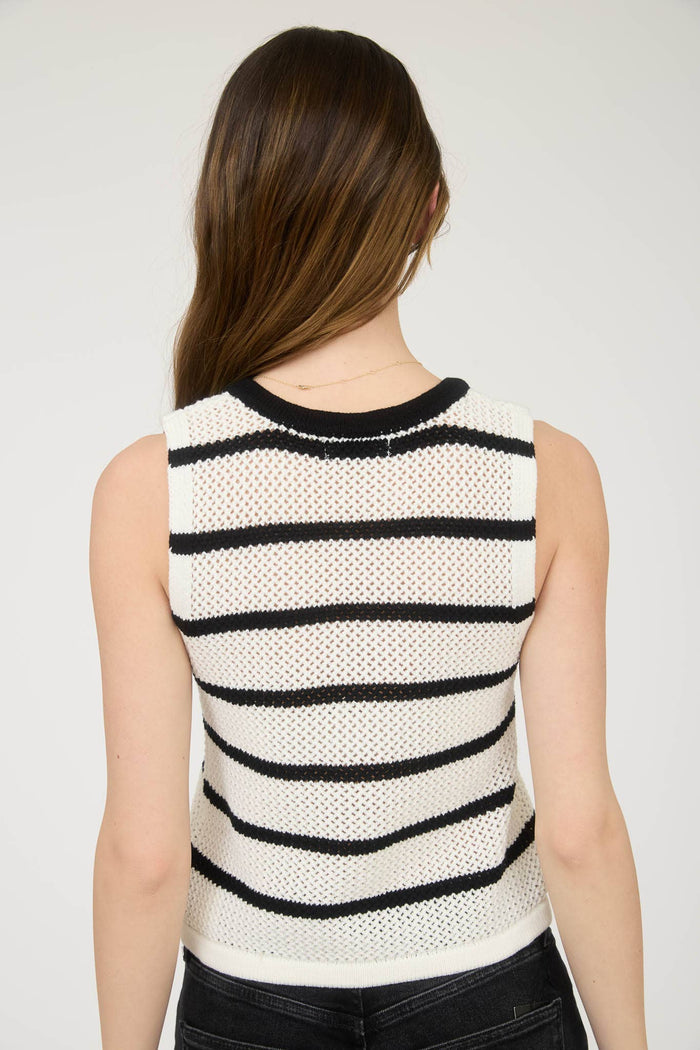 Stripe V-Neck Button Front Split Hem Knit Vest in White