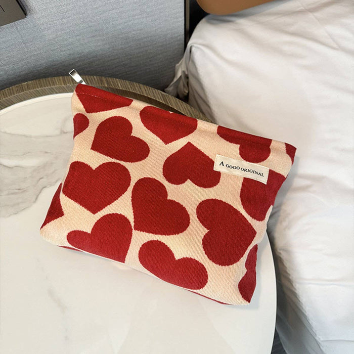 Corduroy Heart Makeup Bag Travel Wash Organizer: Red HEARTS