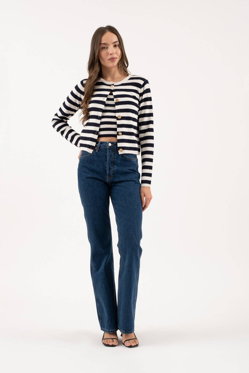 Stripe Boatneck Button Down Cardigan