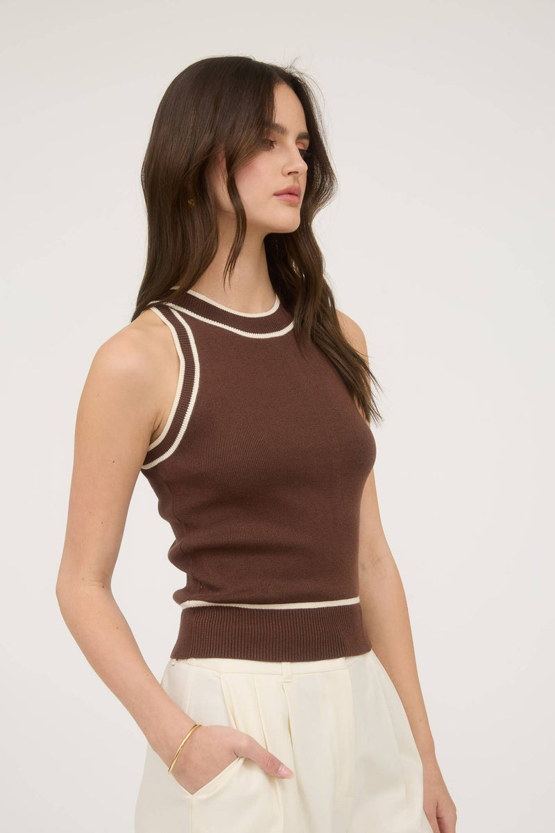 Contrast Stripe Sweater Knit Halter Top in Brown
