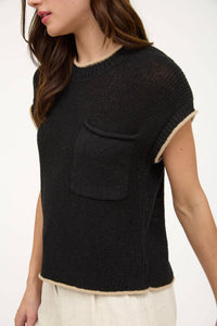Contrast Trim Short Sleeve Pocket Detail Sweater in Black