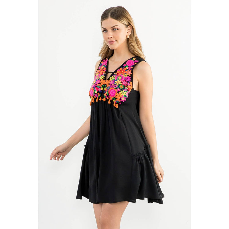 Sleeveless Dress With Floral Embroidery in Black