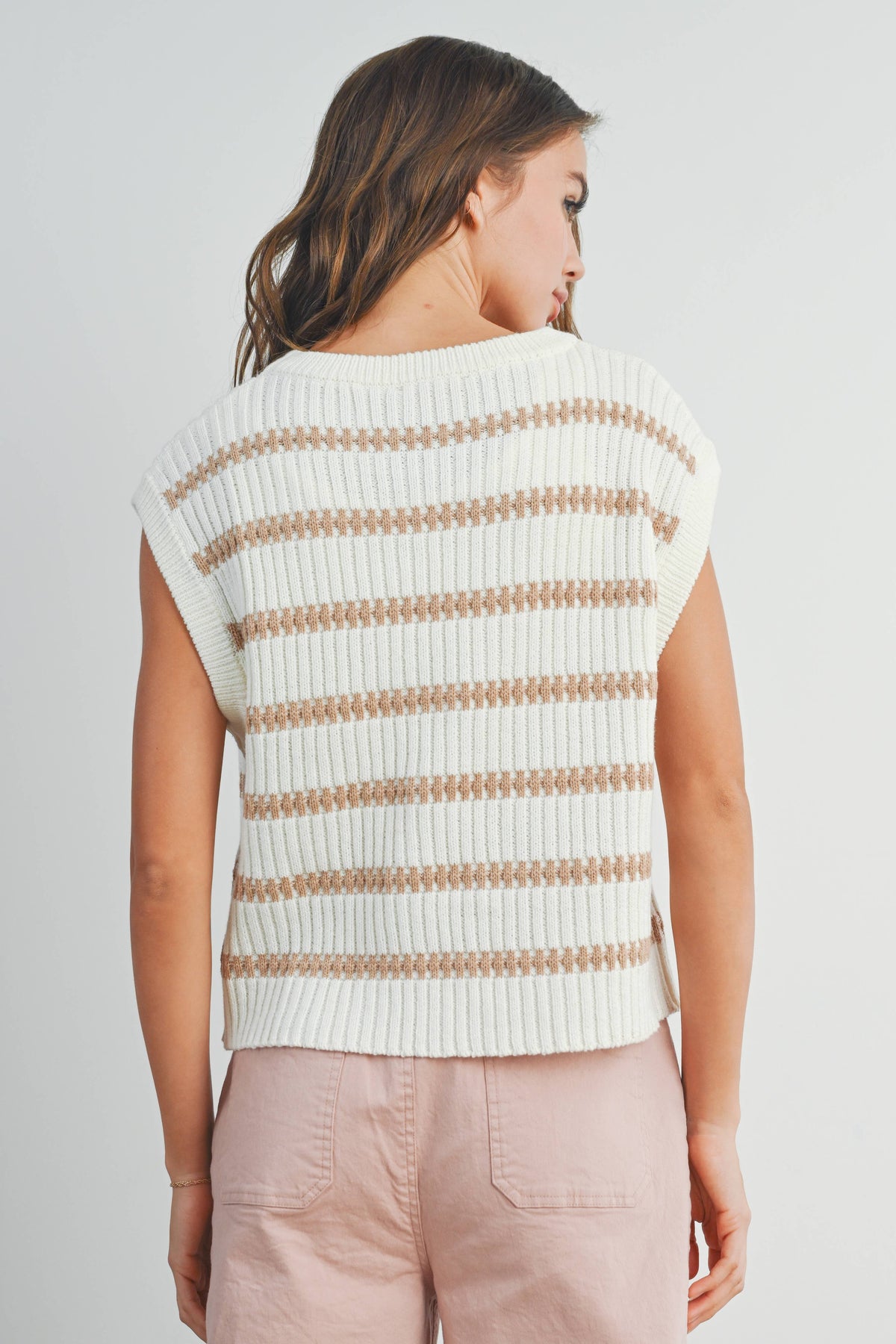 Crew Neck Striped Knit Tank Top in Ivory and Green
