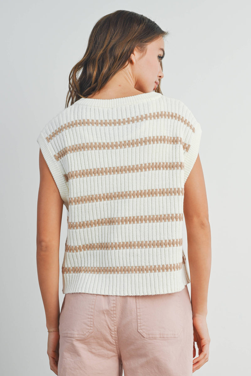 Crew Neck Striped Knit Tank Top in Ivory and Green
