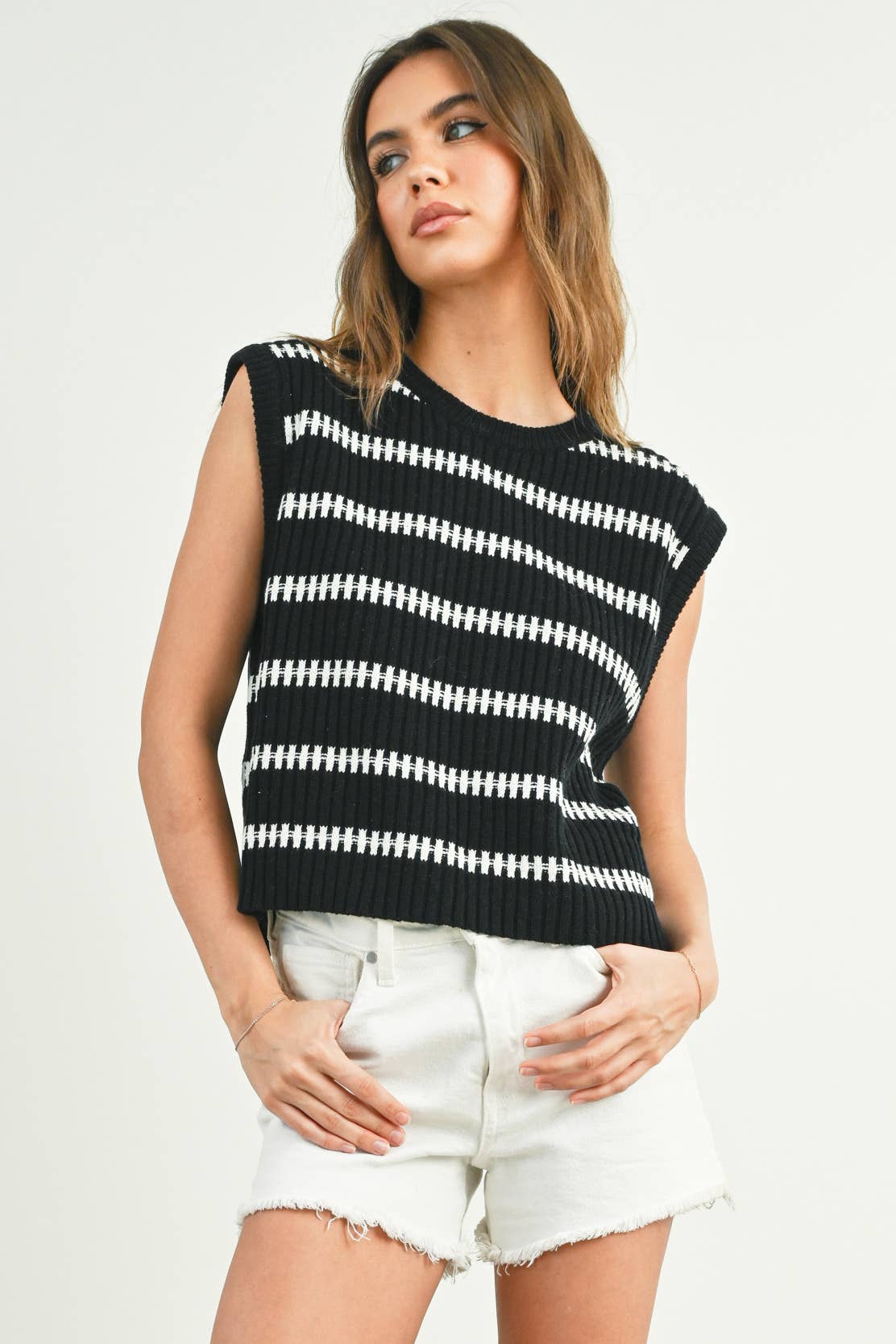 Crew Neck Striped Knit Tank Top in Ivory and Green