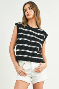 Crew Neck Striped Knit Tank Top in Ivory and Green