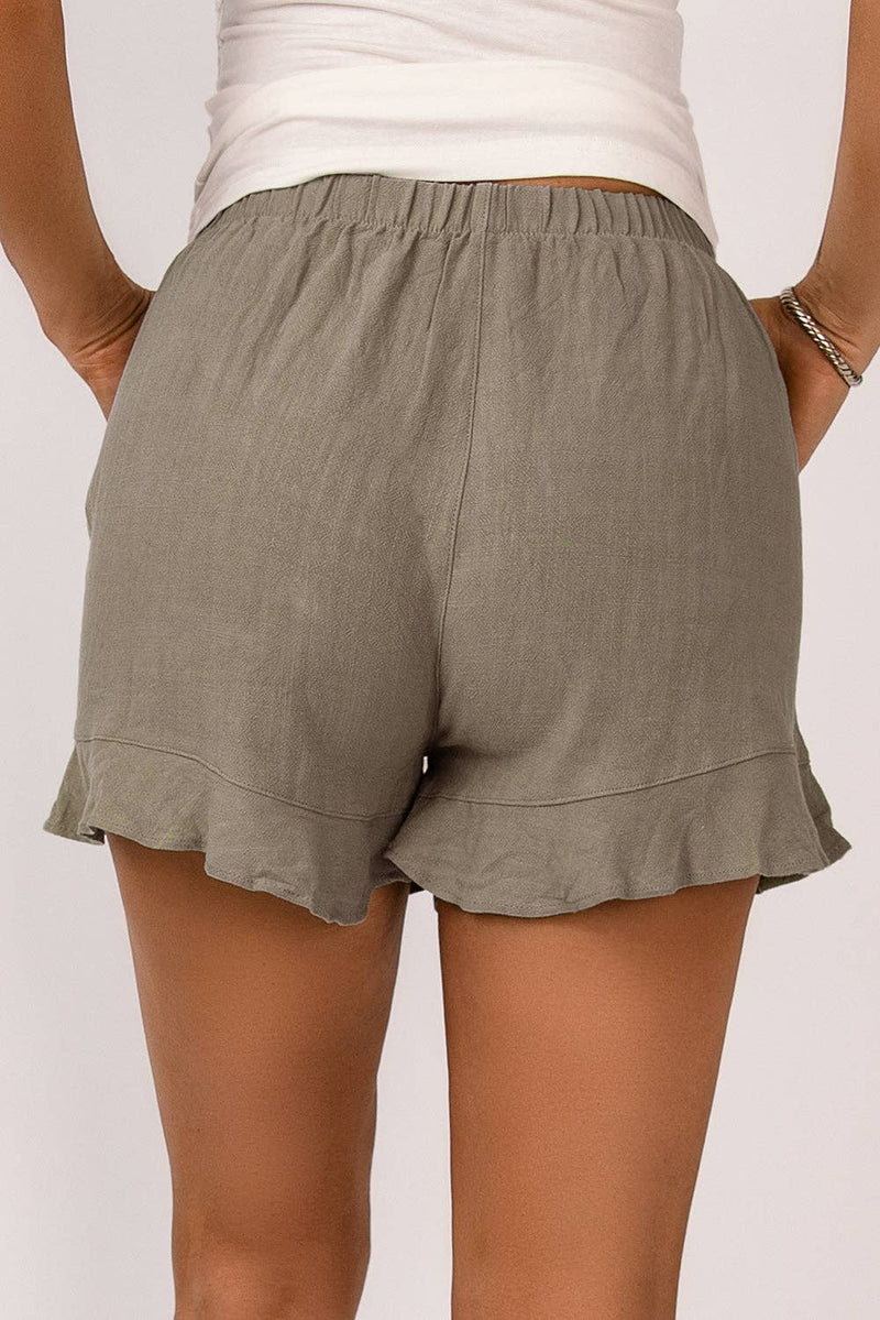 Plus Size High Waist Pocketed Ruffle Shorts in Khaki