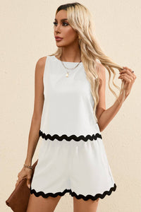 Ricrac Trim Tank Top Elastic Waist Shorts Set in White