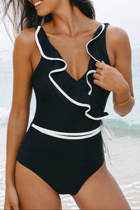 Black and White Ruffle Wrap Swimsuit