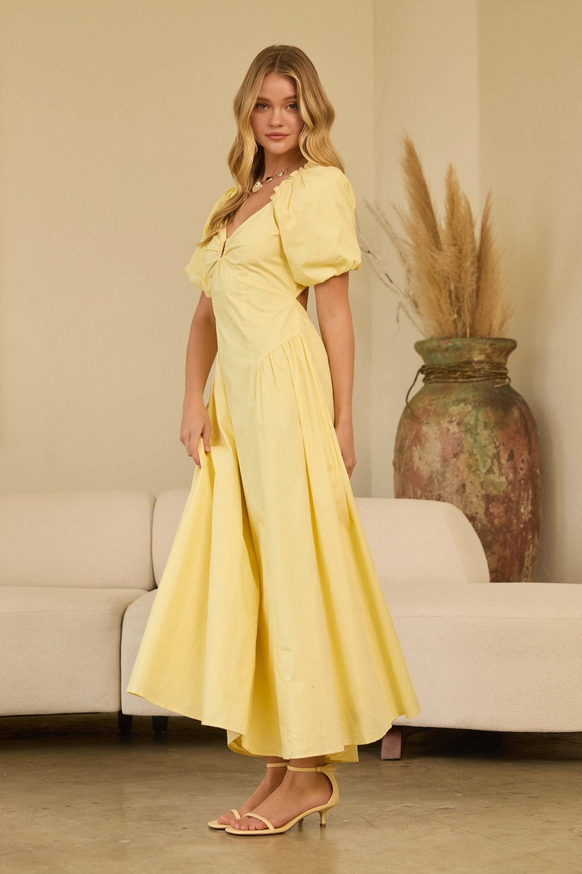 Bubble Short Sleeve Maxi Dress: Butter Yellow / S
