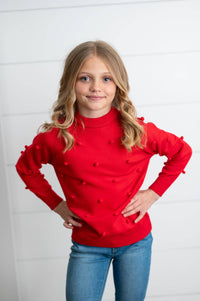 Kids Red Pom Pom Crewneck Sweater
