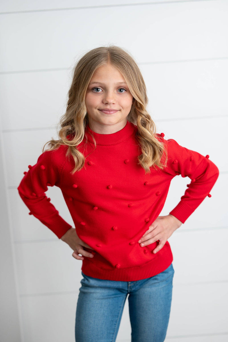 Kids Red Pom Pom Crewneck Sweater