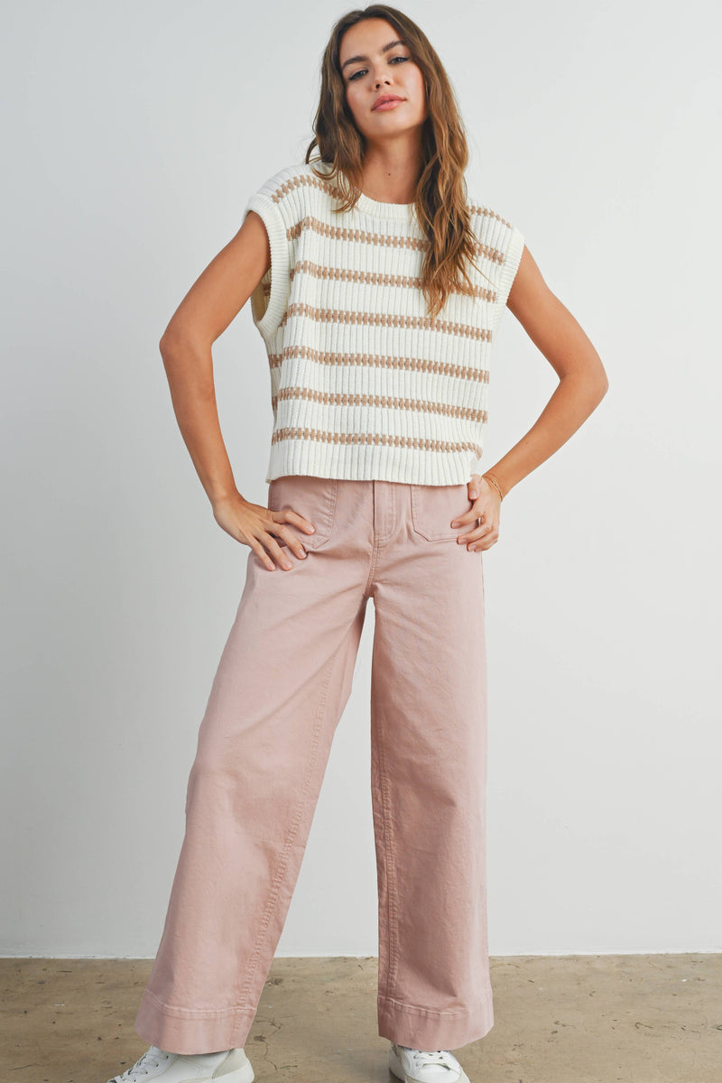 Crew Neck Striped Knit Tank Top in Ivory and Green