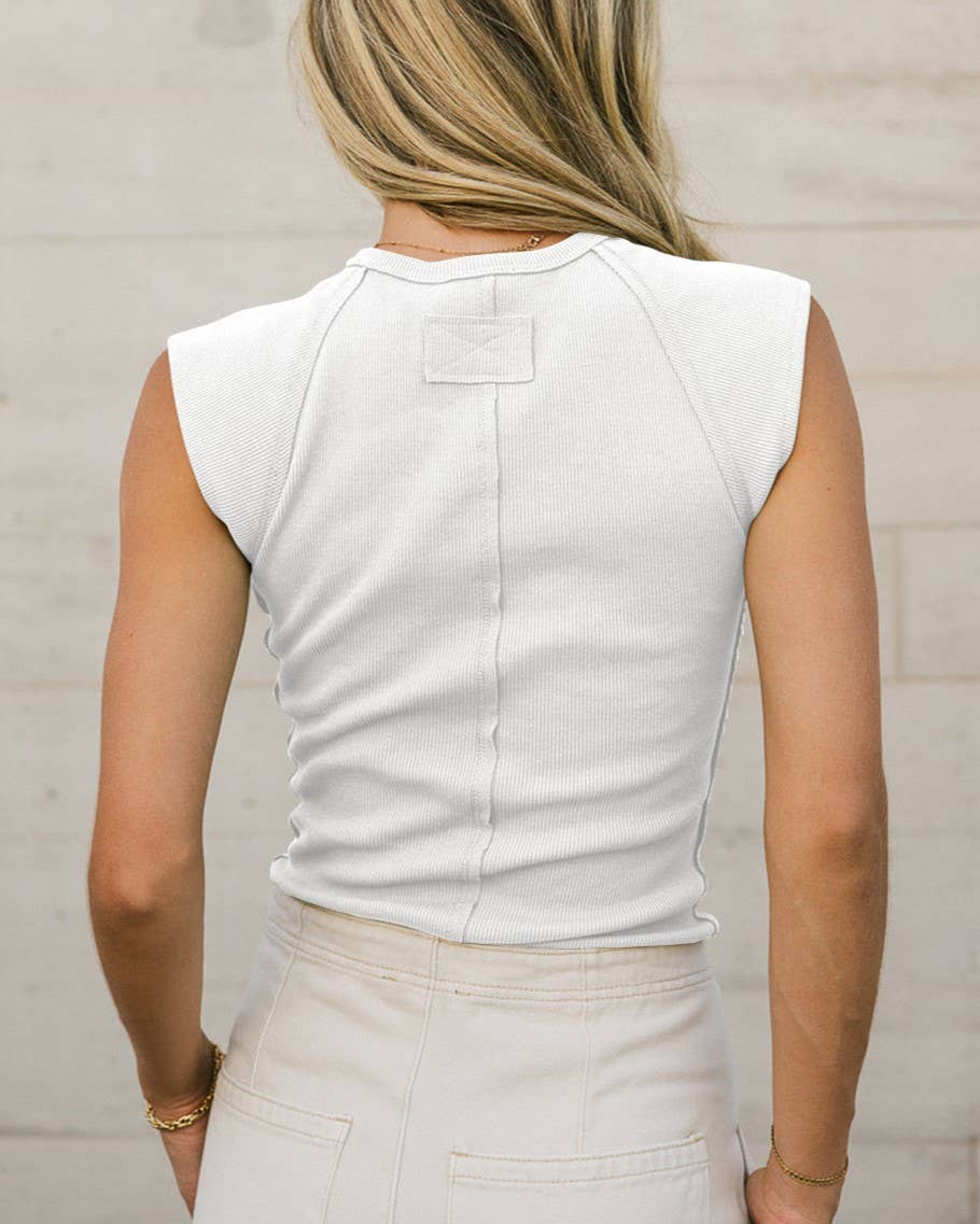Sleeveless Crew Neck Knit Ribbed Top in White