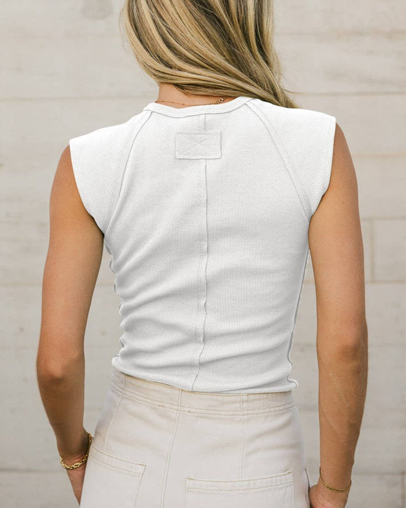 Sleeveless Crew Neck Knit Ribbed Top in White